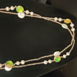 Kyocera Opal Gemstone Pearl Station Necklace